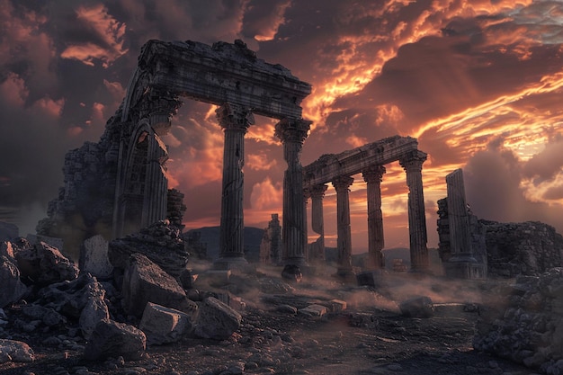 Ancient ruins against a dramatic sky