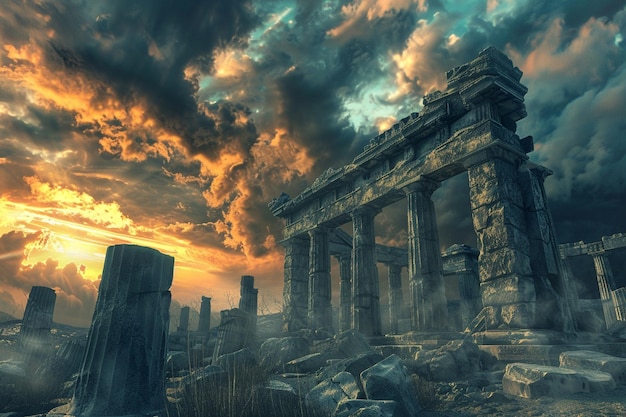 Ancient ruins against a dramatic sky