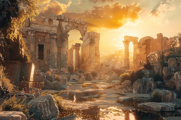 Ancient ruins bathed in golden sunlight