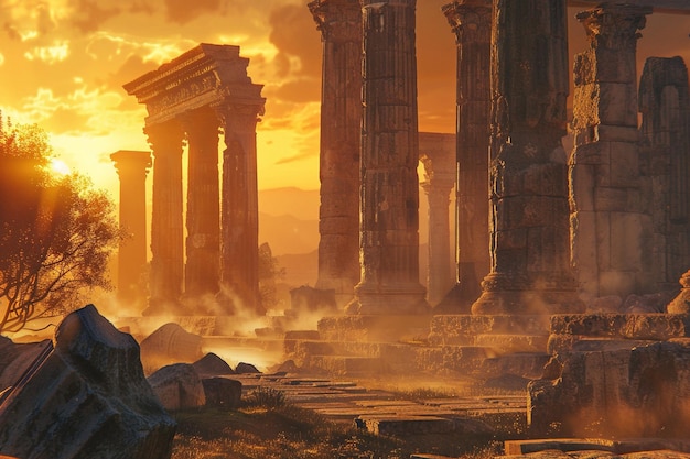 Ancient ruins bathed in the warm glow of sunset oc