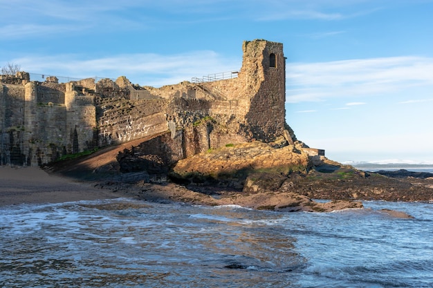 Ancient ruins of the castle of St Andrews in Scotland on the North Sea