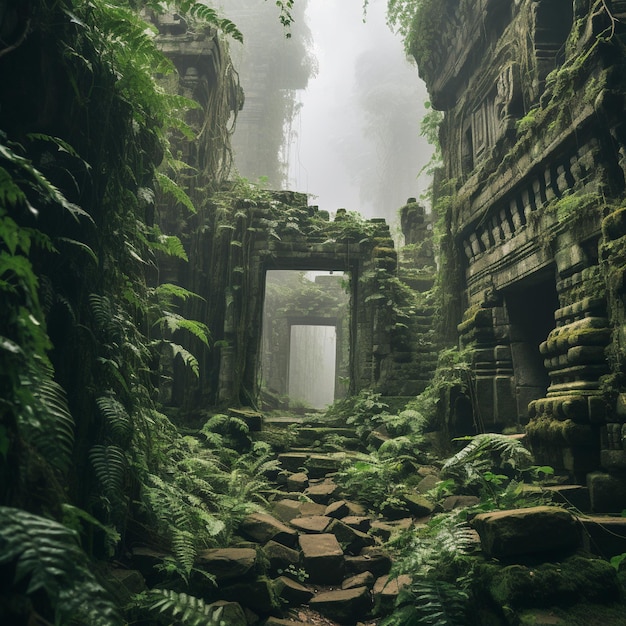 Ancient ruins covered in overgrown plant life