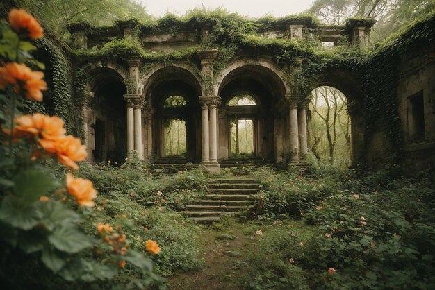 Photo ancient ruins dark forest mysterious stone bridge nature spirituality revealed generated by artificial intelligence