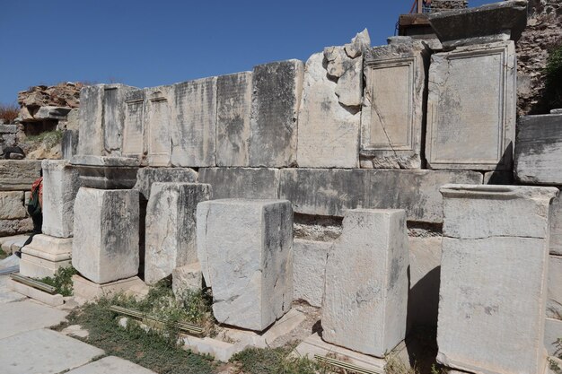 Ancient ruins greek inscription carved on marble block at the archaeological site of ephesus an antique city at selcuk turkey