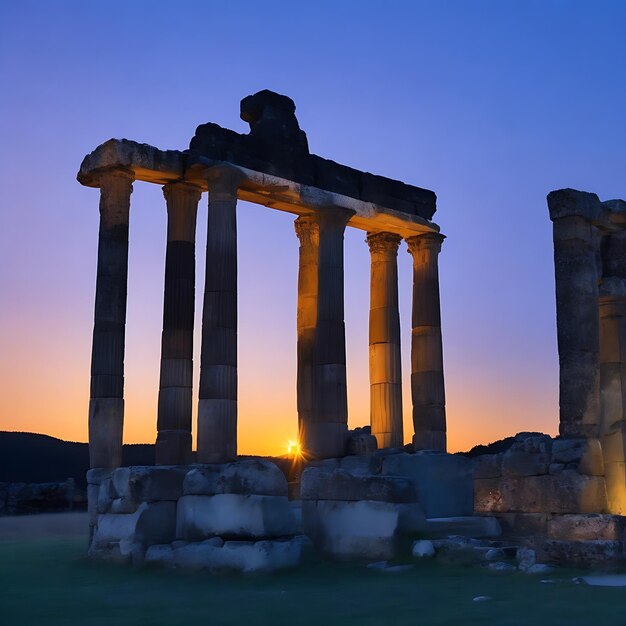 Photo ancient ruins illuminated at dusk a of history