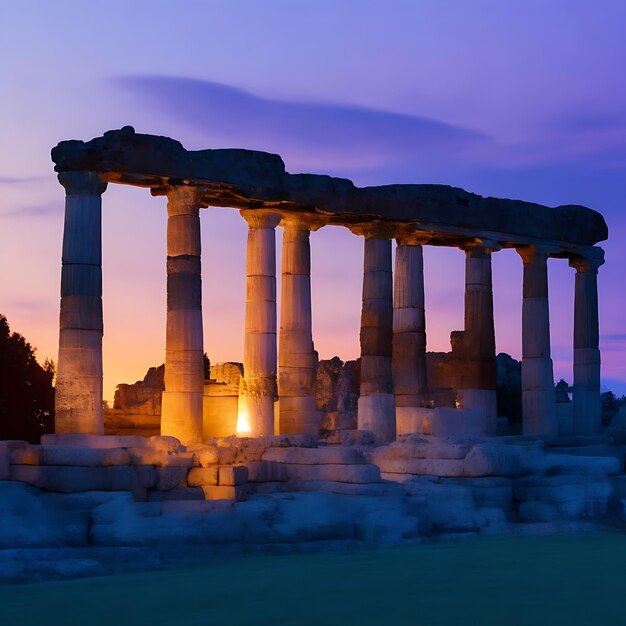 Photo ancient ruins illuminated at dusk a of history