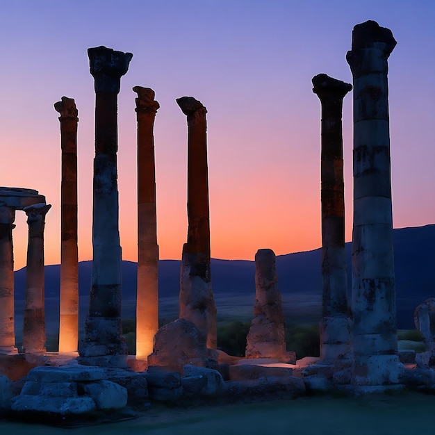 Ancient ruins illuminated at dusk a of history