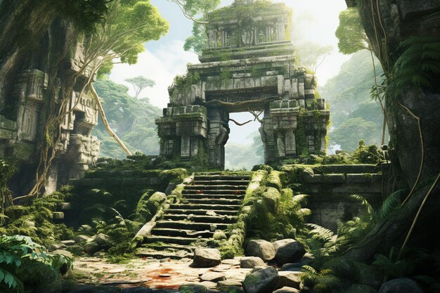 Ancient ruins in a lush jungle setting Generative ai