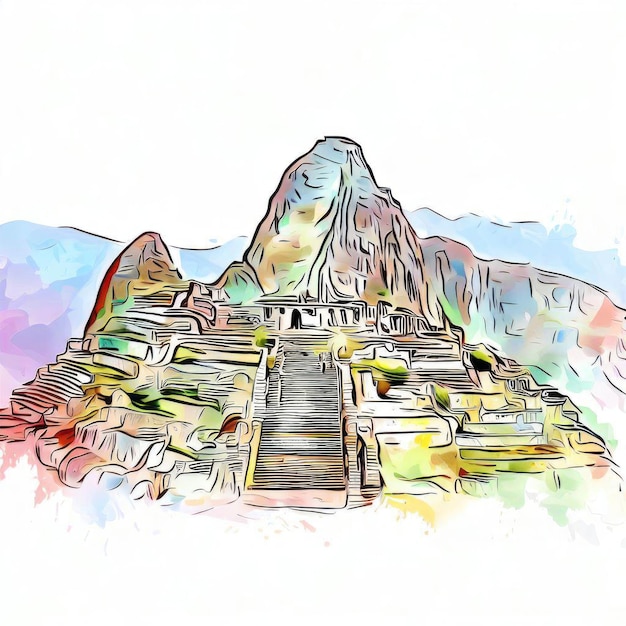 Ancient Ruins Machu Picchu Watercolor Illustration Generative AI