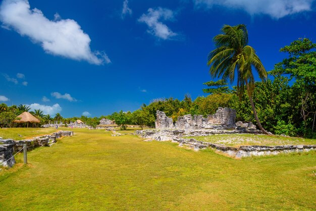 メキシコのカンクンユカタン近くのエルレイ遺跡にあるマヤの古代遺跡