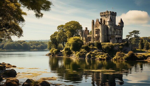 Photo ancient ruins reflect on tranquil pond surrounded by lush greenery generated by ai