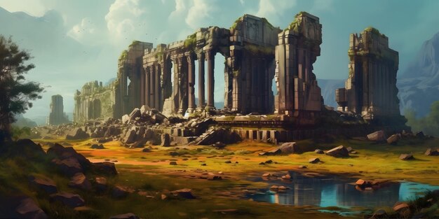 Photo ancient ruins the remains of an old temple or castle set against a beautiful natural landscape generative ai