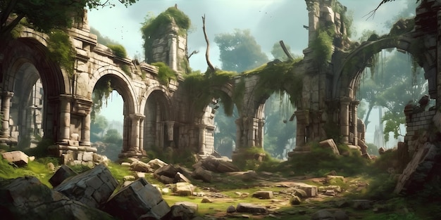 Ancient Ruins The remains of an old temple or castle set against a beautiful natural landscape Generative ai