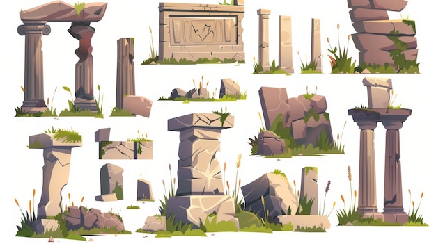 The ancient ruins set consists of destroyed ancient structures or monuments of ancient civilizations This cartoon modern collection contains ruined medieval antique constructions with stones and