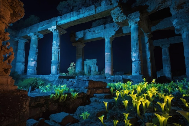 Ancient ruins under a starlit sky