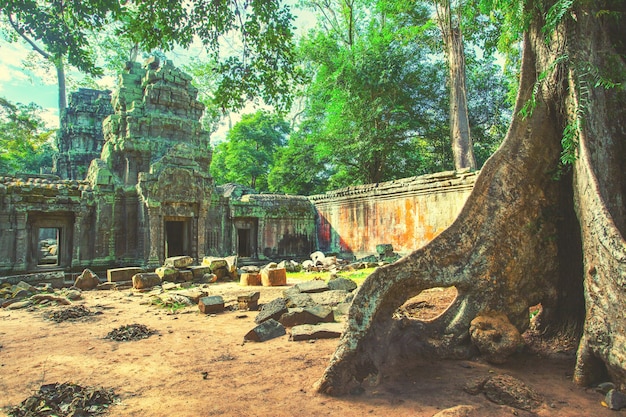 Ancient ruins of temple in the Angkor, Cambodia. Retro style