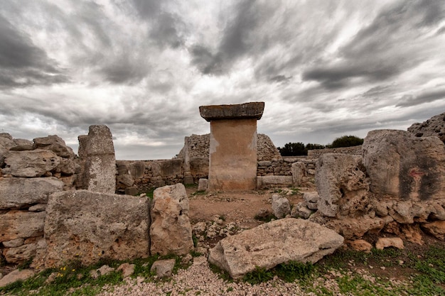 Ancient ruins in the torre den galmes talayotic archeological site in minorca spain