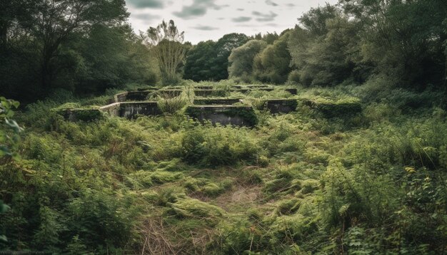 AI が生成した静かな草原の自然美にある古代遺跡