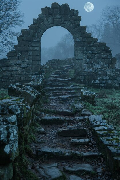 Photo ancient ruins under the watchful eye of the moon the stones blur with night