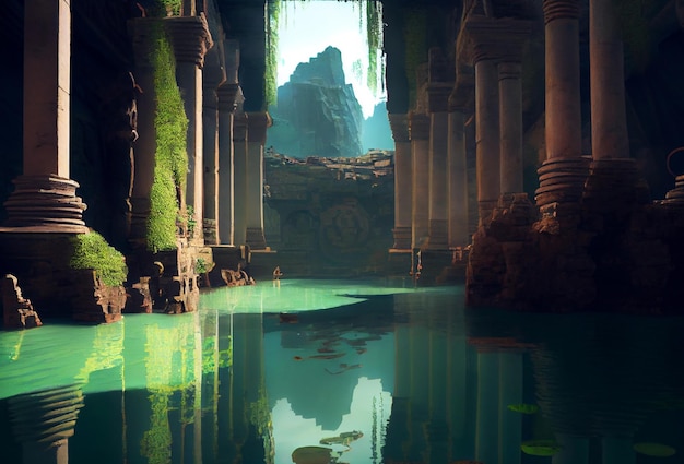 Ancient ruins with waterpool and reflections Generative Ai Art Greek architecture with columns Destroyed building