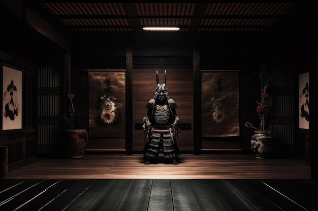 Photo ancient samurai armor in dimly lit room created with generative ai