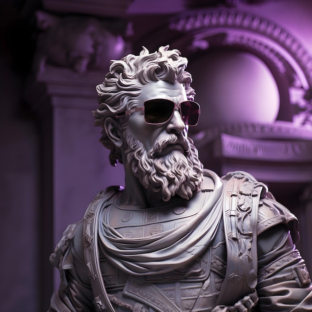 Ancient sculpture wearing a real futuristic VR Headset isolated in purple