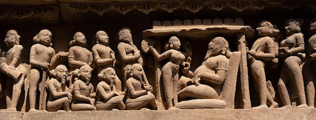 Ancient sculptures in Khajuraho temple India Panorama