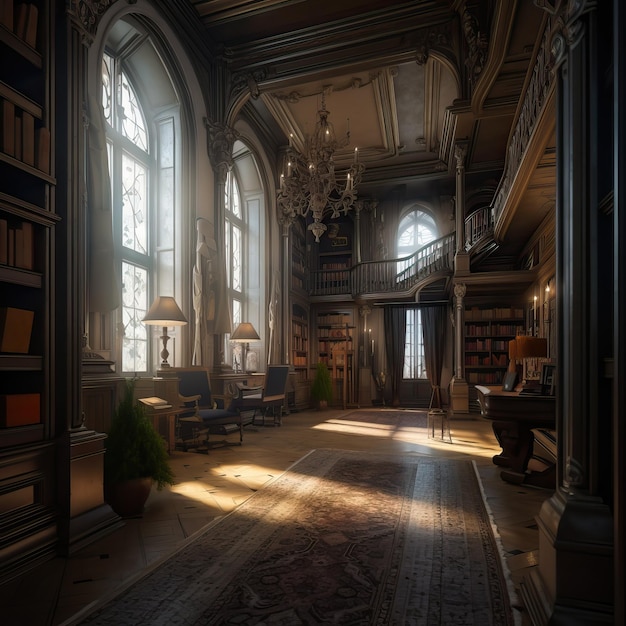 Ancient stately home interior with a beautiful library and club sofas generative AI