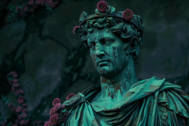 Ancient statue adorned with flowers in a mystical setting