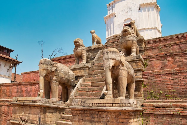 Ancient statues in old Bhaktapur city in Kathmandu, Nepal