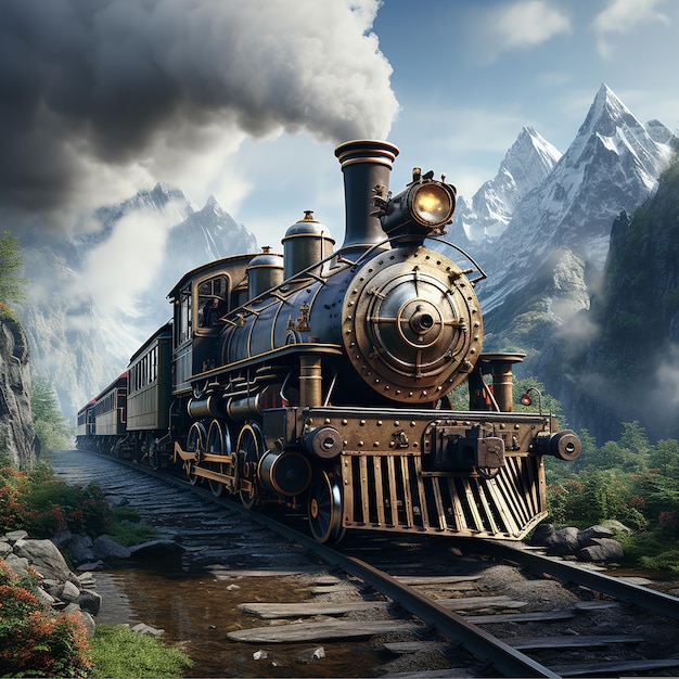 Ancient Steam Train Traversing Majestic Mountain Scenery