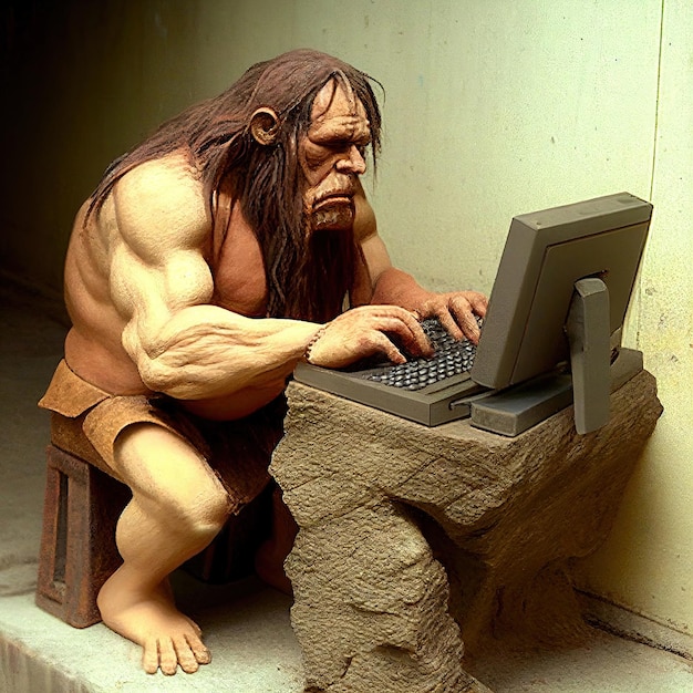 Ancient Stone Age Programmer Prehistoric Programming Neanderthal Man Working on Stone Computer Generative AI Illustration