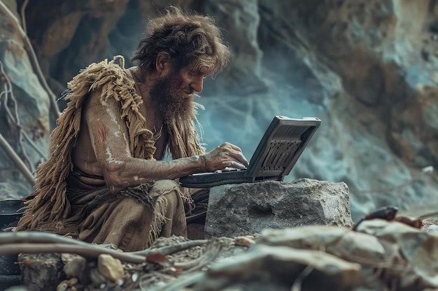 Photo ancient stone age programmer prehistoric programming neanderthal man working