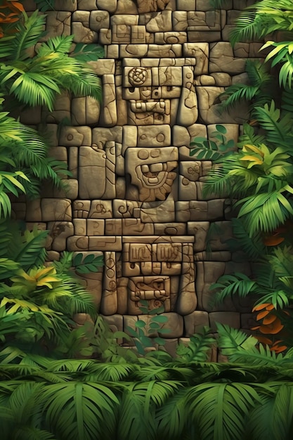 Ancient stone altar with pillars in jungle cartoon 3D realistic illustration of rainforest