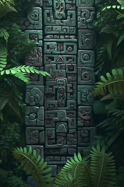 Ancient stone altar with pillars in jungle cartoon 3d realistic illustration of rainforest