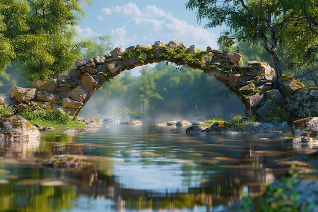 反射する川を越えた古代の石製のアーチ橋