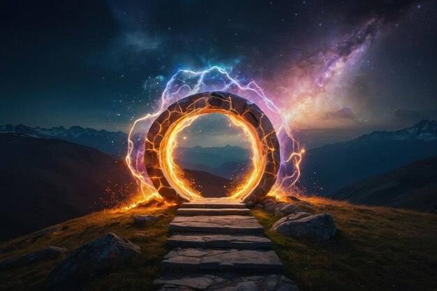 Photo ancient stone arch glowing at sunset in mountains