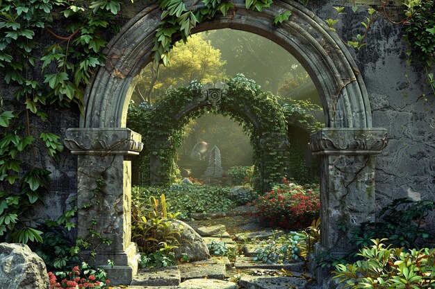 Ancient stone archway in a hidden garden octane re