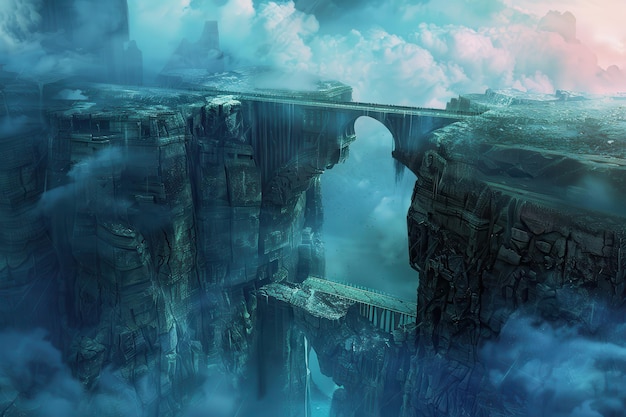 Ancient stone bridge spanning a deep chasm with clouds and ruins