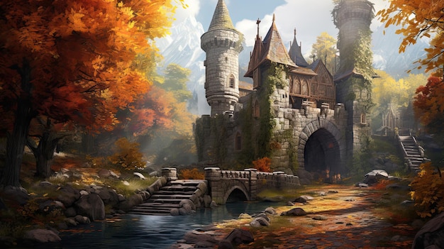 Ancient stone castle amidst a vibrant autumn forest