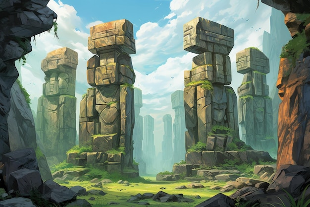 Ancient stone colossi towering giants carved from living rock Generative AI