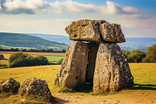 Photo ancient stone dolmens standing in remote fields