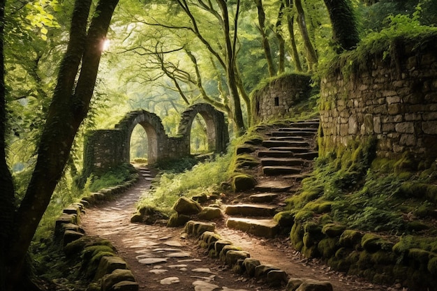 Foto antichi sentieri di pietra che si snodano tra le foreste