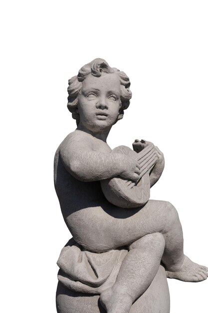 Photo ancient stone sculpture of naked cherub playing lute on white background