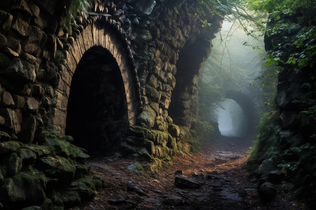 Ancient stone tunnel leading to a misty mysterious castle in the distance