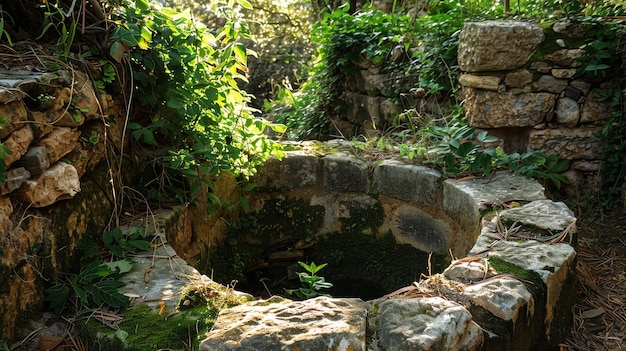 An ancient stone well sits in a lush forest surrounded by green moss and ferns