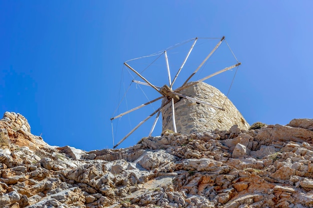 Ancient stone windmills Lassithi area island Crete Greece