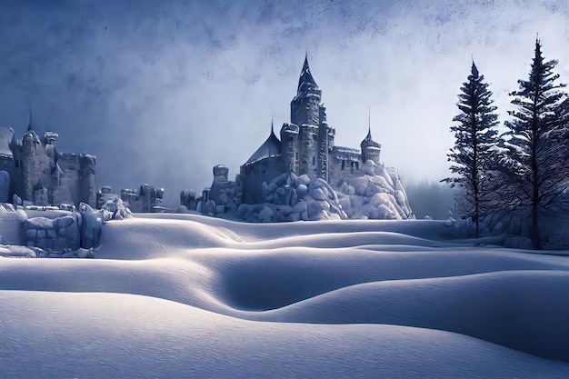 Ancient stone winter castle Fantasy snowy landscape with a castle Winter castle on the mountain winter forest Digital art style illustration painting