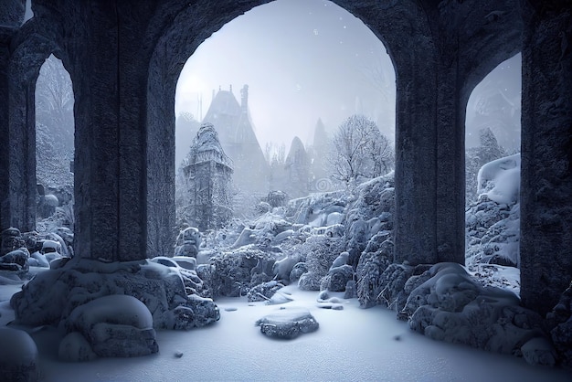 Ancient stone winter castle fantasy snowy landscape with a
castle winter castle on the mountain winter forest