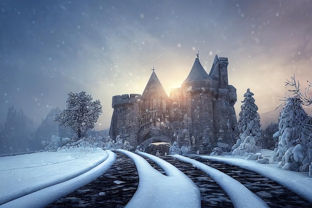 Photo ancient stone winter castle fantasy snowy landscape with a castle winter castle on the mountain winter forest